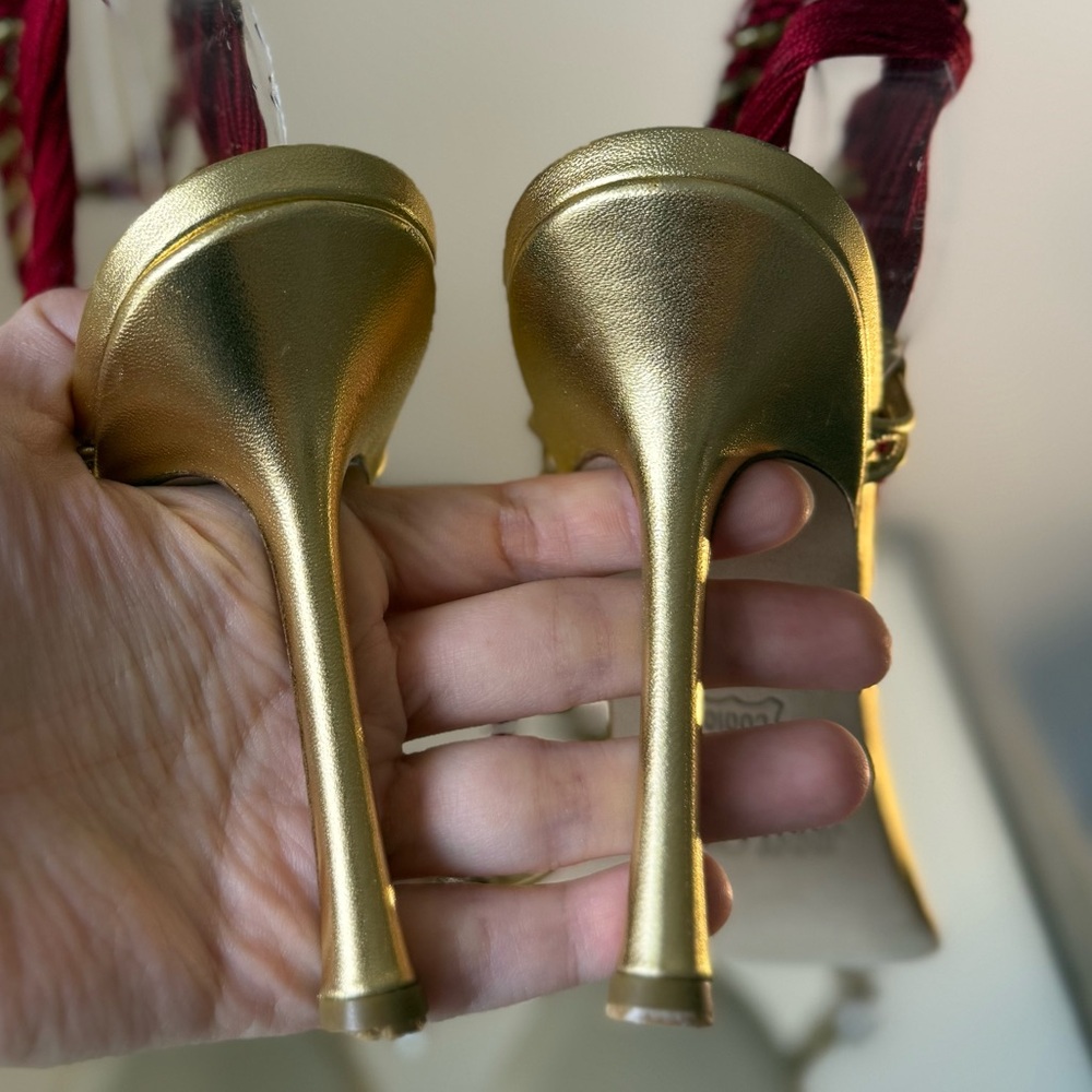 New Vintage Jimmy Choo Gold Jewel Thong Sandals with Burgundy Rope Tie 37 - Picture 6 of 12